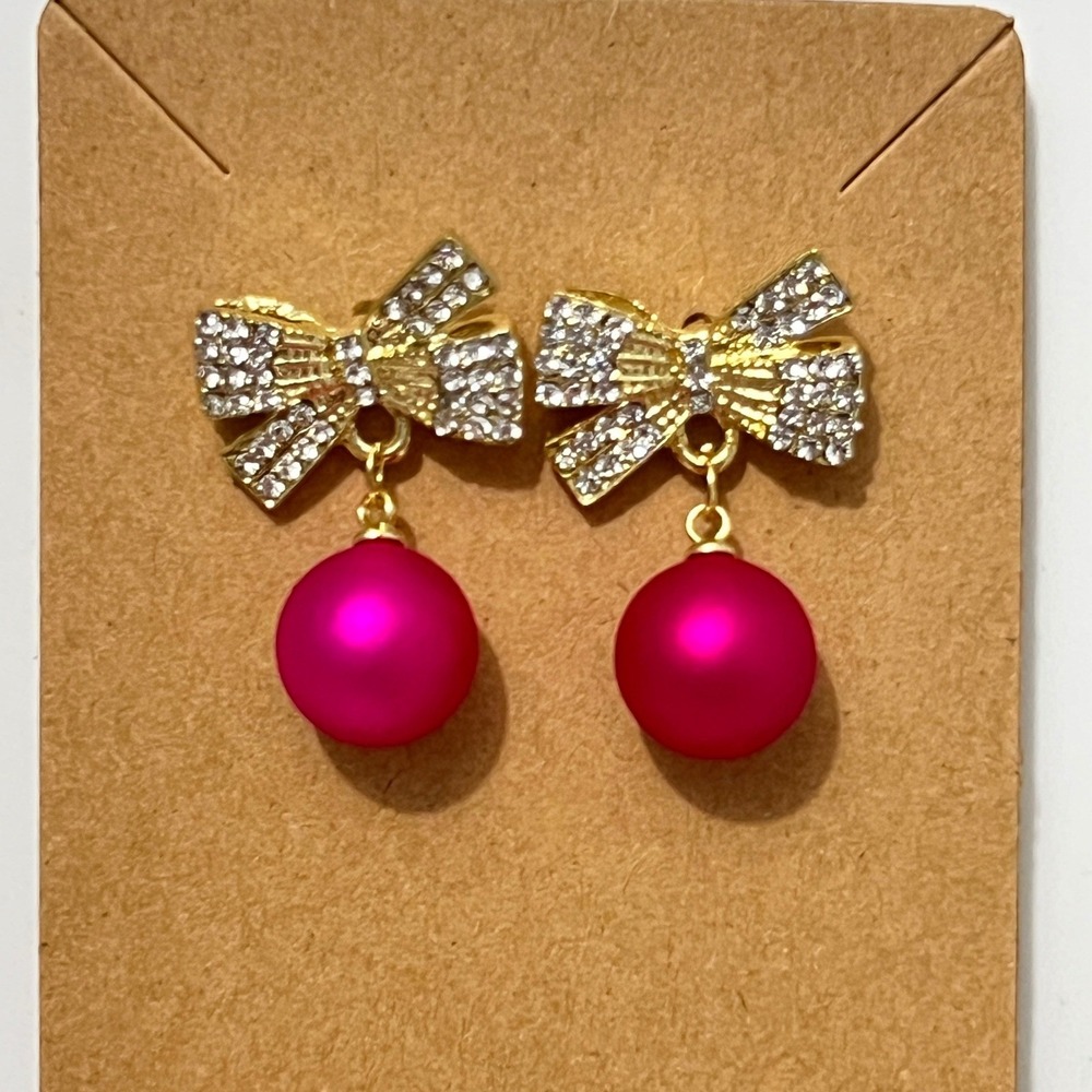 Gold Tone Crystal‎ Bow Drop Earrings Hot Pink Ball Charm Dangle Holiday Party